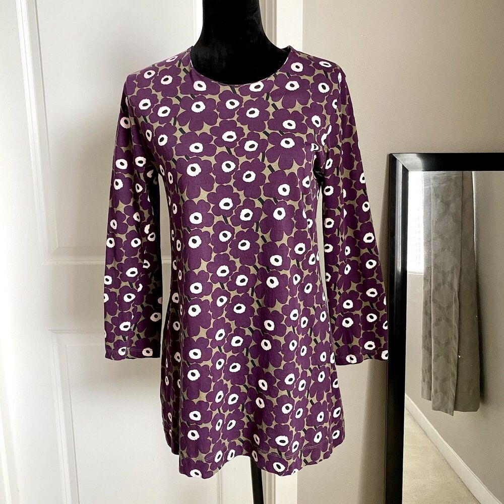 Marimekko Finland Taria Purple Floral Long Sleeve Tunic Top Size small